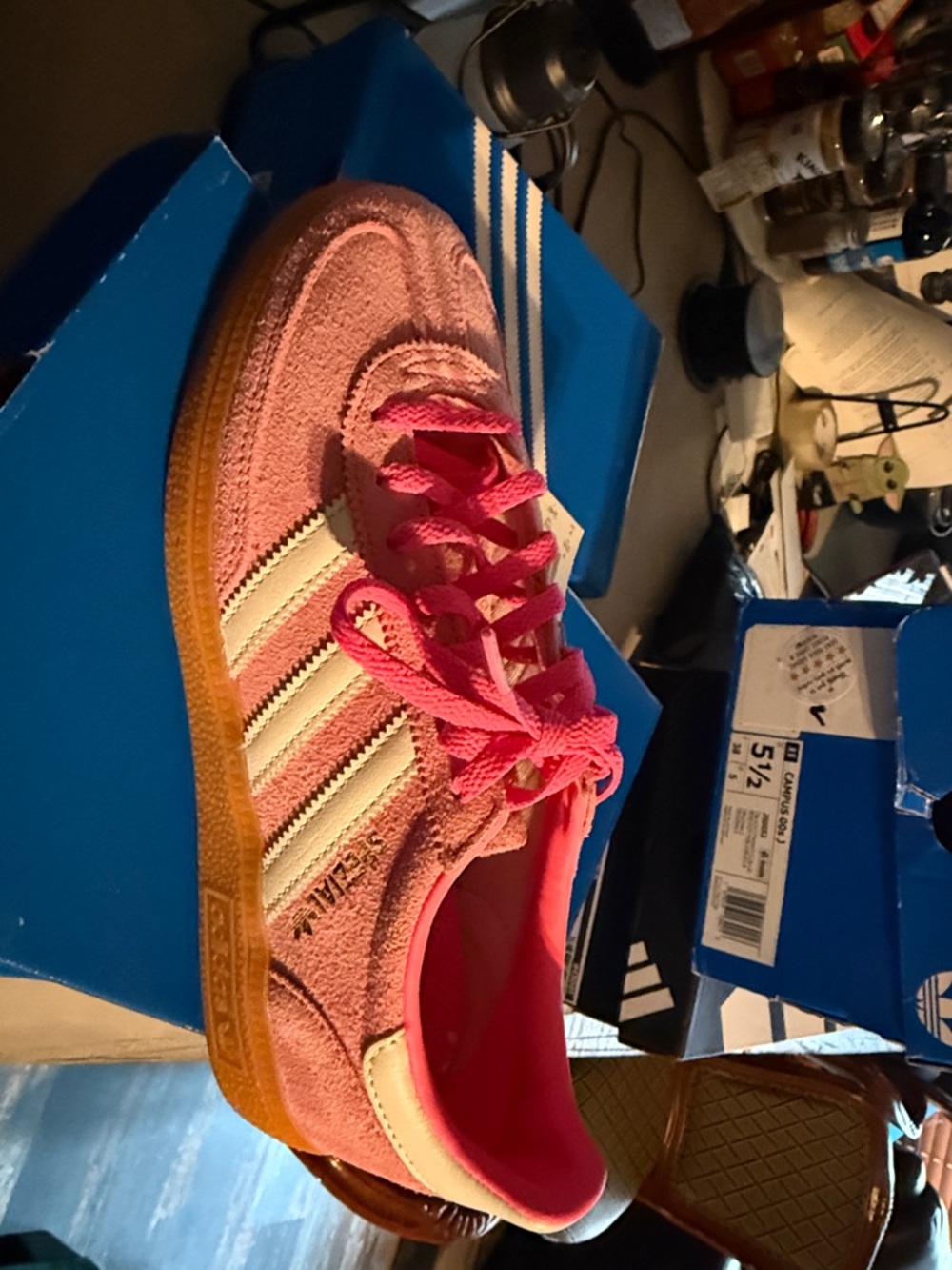 adidas Pink Suede Sneakers with Cream Stripes and gum Sole